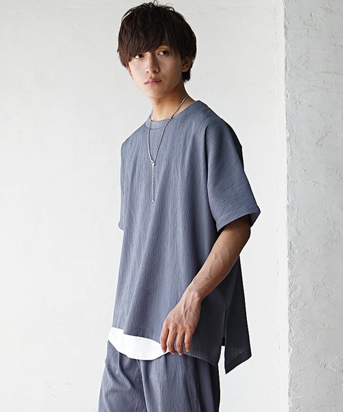 【MinoriTY】楊柳オーバーサイズセットアップ アシンメトリー半袖Tシャツ+イージーワイドテーパードパンツ メンズ 無地 スラックス 夏服（セットアップ）｜MinoriTY（マイノリティ）