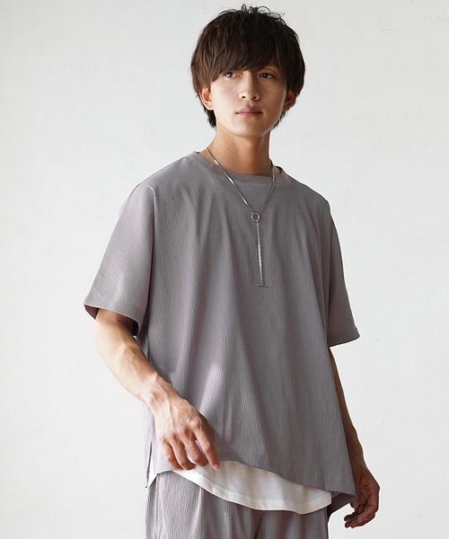 【MinoriTY】楊柳オーバーサイズセットアップ アシンメトリー半袖Tシャツ+イージーワイドテーパードパンツ メンズ 無地 スラックス 夏服（セットアップ）｜MinoriTY（マイノリティ）