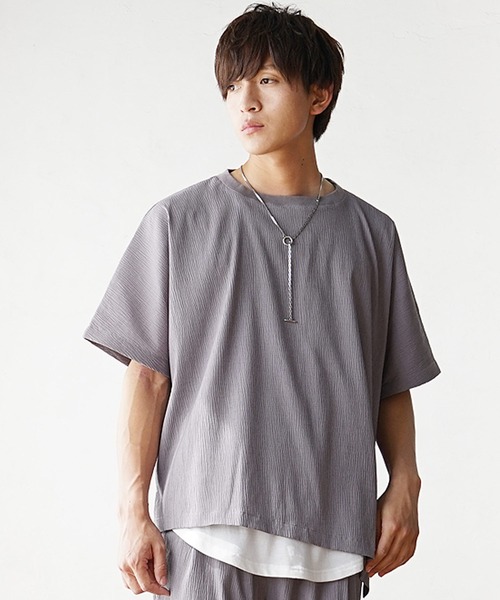 【MinoriTY】楊柳オーバーサイズセットアップ アシンメトリー半袖Tシャツ+イージーワイドテーパードパンツ メンズ 無地 スラックス 夏服（セットアップ）｜MinoriTY（マイノリティ）