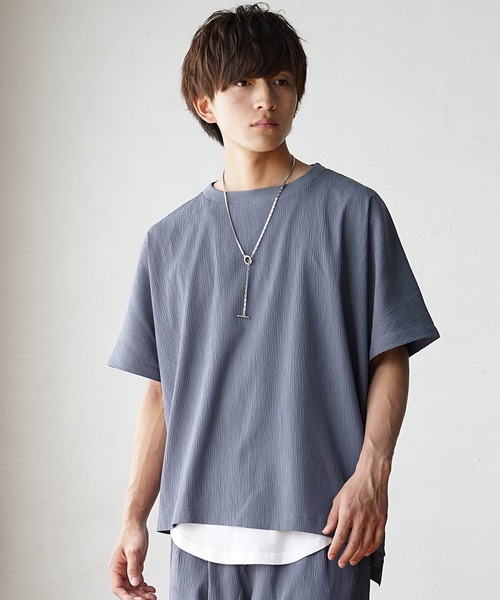 【MinoriTY】楊柳オーバーサイズセットアップ アシンメトリー半袖Tシャツ+イージーワイドテーパードパンツ メンズ 無地 スラックス 夏服（セットアップ）｜MinoriTY（マイノリティ）