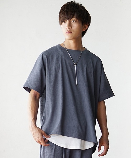 【MinoriTY】楊柳オーバーサイズセットアップ アシンメトリー半袖Tシャツ+イージーワイドテーパードパンツ メンズ 無地 スラックス 夏服（セットアップ）｜MinoriTY（マイノリティ）