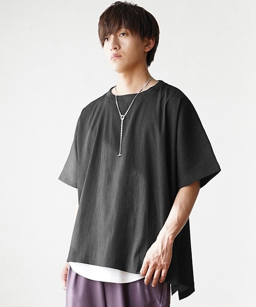 【MinoriTY】楊柳オーバーサイズセットアップ アシンメトリー半袖Tシャツ+イージーワイドテーパードパンツ メンズ 無地 スラックス 夏服（セットアップ）｜MinoriTY（マイノリティ）