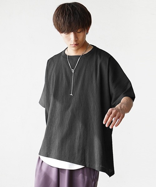 【MinoriTY】楊柳オーバーサイズセットアップ アシンメトリー半袖Tシャツ+イージーワイドテーパードパンツ メンズ 無地 スラックス 夏服（セットアップ）｜MinoriTY（マイノリティ）