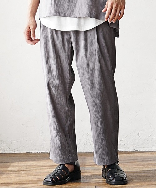 【MinoriTY】楊柳オーバーサイズセットアップ アシンメトリー半袖Tシャツ+イージーワイドテーパードパンツ メンズ 無地 スラックス 夏服（セットアップ）｜MinoriTY（マイノリティ）