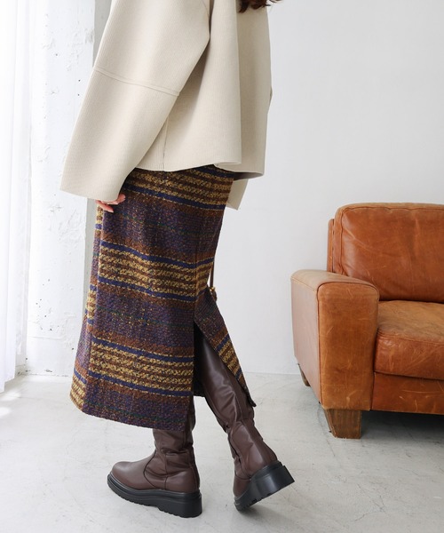 メゾン・マルジェラウール キャメル ミディスカートチェック柄タイト