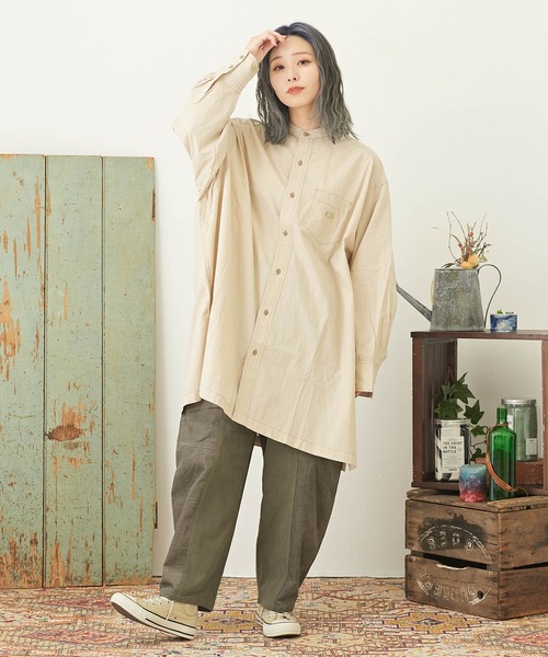 CUBE SUGAR（キューブシュガー）の「無地コットンダンプバンドカラービッグシャツ（シャツ/ブラウス・レディース・グレー/ピンク/ホワイト/ライム/ベージュ・M）」の13枚目の写真