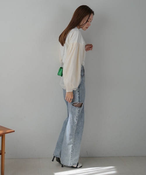 Bab(バブ)の「シアーボリュームスリーブトップス(Tシャツ/カットソー・レディース・チャコールグレー/オフホワイト/ブラック・M)」の8枚目の写真