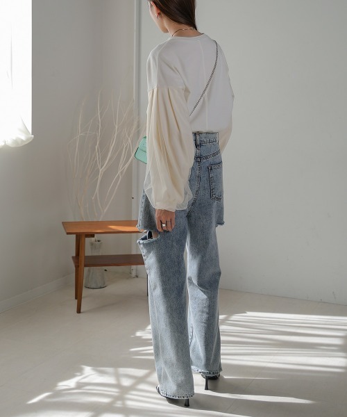 Bab(バブ)の「シアーボリュームスリーブトップス(Tシャツ/カットソー・レディース・チャコールグレー/オフホワイト/ブラック・M)」の9枚目の写真