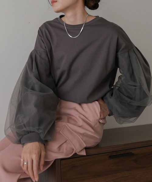 Bab(バブ)の「シアーボリュームスリーブトップス(Tシャツ/カットソー・レディース・チャコールグレー/オフホワイト/ブラック・M)」の16枚目の写真