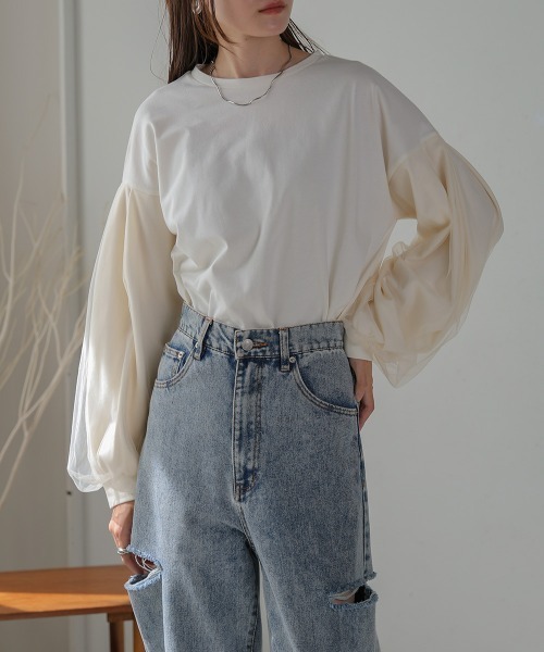 Bab(バブ)の「シアーボリュームスリーブトップス(Tシャツ/カットソー・レディース・チャコールグレー/オフホワイト/ブラック・M)」の6枚目の写真