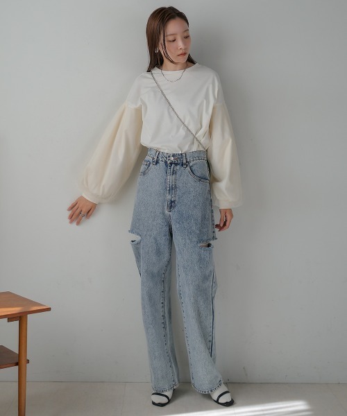 Bab(バブ)の「シアーボリュームスリーブトップス(Tシャツ/カットソー・レディース・チャコールグレー/オフホワイト/ブラック・M)」の10枚目の写真