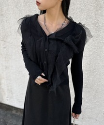 【LVEU.】チュールフリルカーディガン / トップス カーディガン カーデ Vネック チュール フリル ブラック