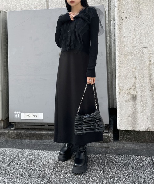 LVEU.（ラブユ.）の「【LVEU.】チュールフリルカーディガン / トップス カーディガン カーデ Vネック チュール フリル ブラック（カーディガン/ボレロ・レディース・ブラック・FREE）」の3枚目の写真