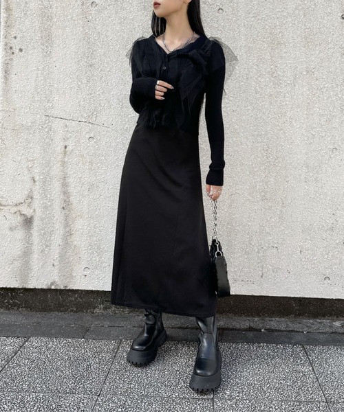 LVEU.（ラブユ.）の「【LVEU.】チュールフリルカーディガン / トップス カーディガン カーデ Vネック チュール フリル ブラック（カーディガン/ボレロ・レディース・ブラック・FREE）」の4枚目の写真