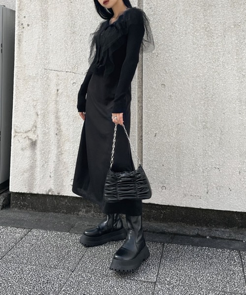 LVEU.（ラブユ.）の「【LVEU.】チュールフリルカーディガン / トップス カーディガン カーデ Vネック チュール フリル ブラック（カーディガン/ボレロ・レディース・ブラック・FREE）」の5枚目の写真