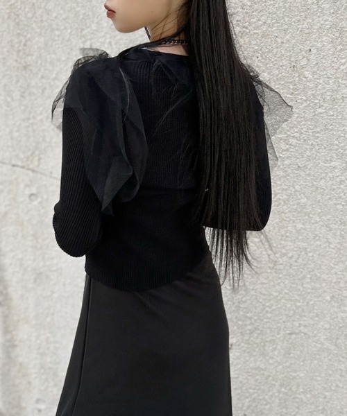 LVEU.（ラブユ.）の「【LVEU.】チュールフリルカーディガン / トップス カーディガン カーデ Vネック チュール フリル ブラック（カーディガン/ボレロ・レディース・ブラック・FREE）」の7枚目の写真