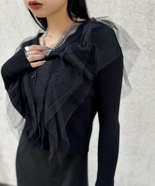 LVEU.（ラブユ.）の「【LVEU.】チュールフリルカーディガン / トップス カーディガン カーデ Vネック チュール フリル ブラック（カーディガン/ボレロ・レディース・ブラック・FREE）」の8枚目の写真