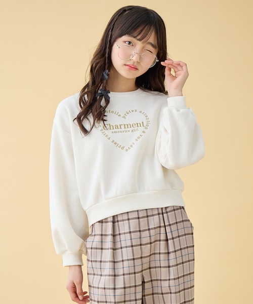 ハート刺繍/リボンモチーフ 裏起毛ぽわん袖トレーナー/スウェット