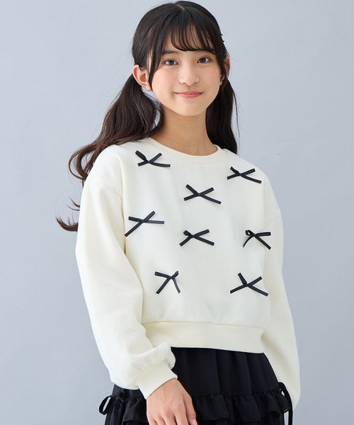 セール】ハート刺繍/リボンモチーフ 裏起毛ぽわん袖トレーナー