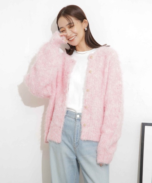 前後2WAY モヘア起毛パフカーディガン ピンク 前後2WAY起毛モヘア