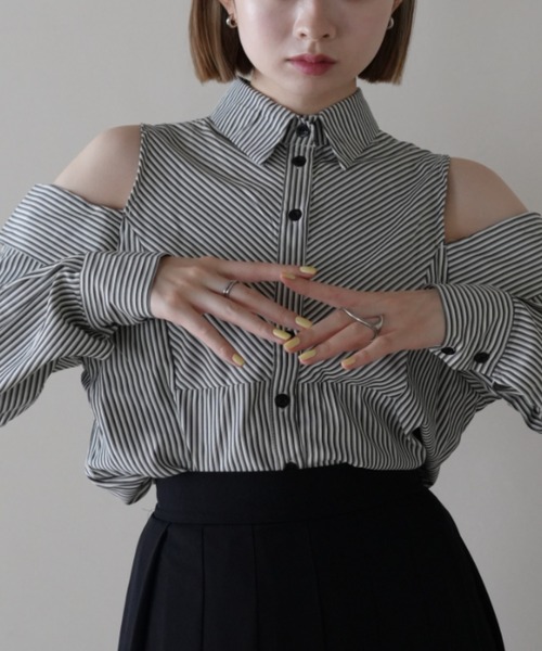 ブラウス シャツ ストライプショルダーカットアウトシャツ レディース セール】【ZOZO限定】オープンショルダー シャツ カットアウト