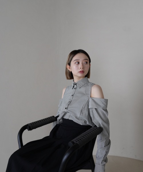 ブラウス シャツ ストライプショルダーカットアウトシャツ レディース セール】【ZOZO限定】オープンショルダー シャツ カットアウト