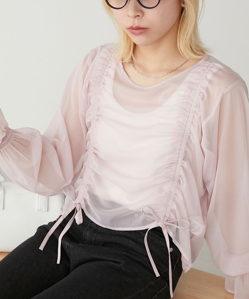 BONLECILL(ボンルシール)の「チュールボリュームスリーブドロストブラウス(シャツ/ブラウス・レディース・ブラック/アイボリー/ピンク/ブルー/チャコールグレー・FREE)」の5枚目の写真