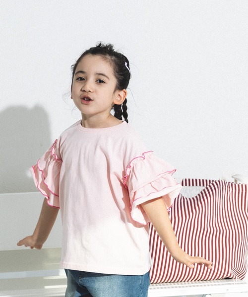 pairmanon（ペアマノン）の「配色メロー二重フリル袖 Tシャツ（シャツ/ブラウス・キッズ・ライトピンク/ライトグリーン/ライトブルー・110/130/150/120/140/90/100）」の3枚目の写真