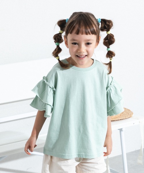 pairmanon（ペアマノン）の「配色メロー二重フリル袖 Tシャツ（シャツ/ブラウス・キッズ・ライトピンク/ライトグリーン/ライトブルー・110/130/150/120/140/90/100）」の6枚目の写真
