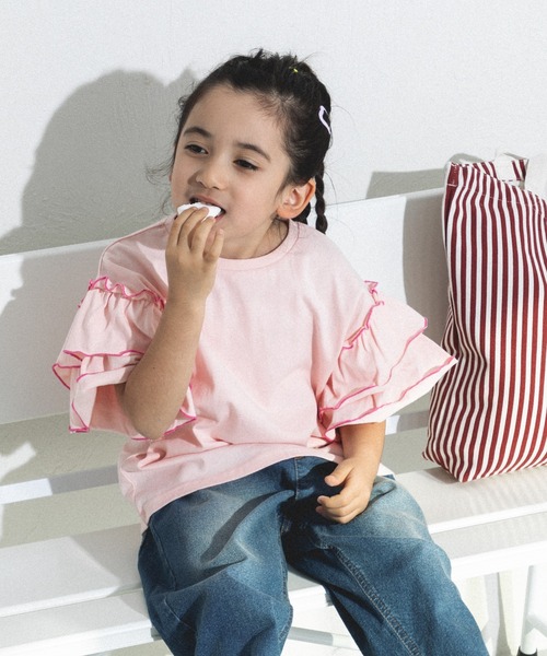 pairmanon（ペアマノン）の「配色メロー二重フリル袖 Tシャツ（シャツ/ブラウス・キッズ・ライトピンク/ライトグリーン/ライトブルー・110/130/150/120/140/90/100）」の15枚目の写真