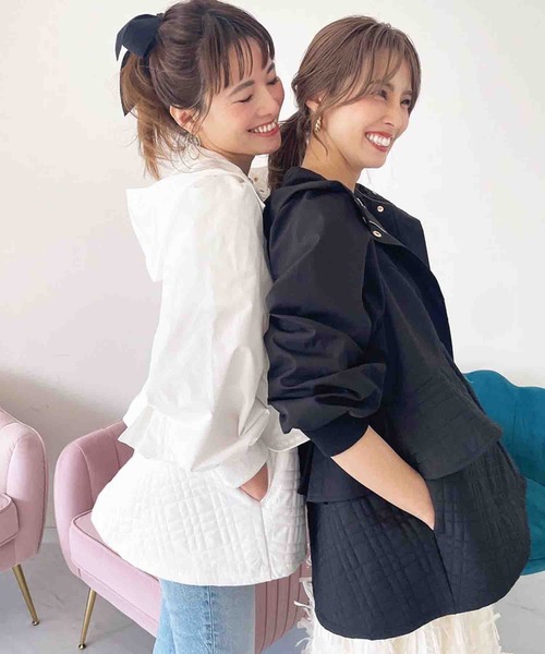 【セール】キルティング切替 フリルマウンティングジャケット（ナイロンジャケット）｜M y u（ミュー）