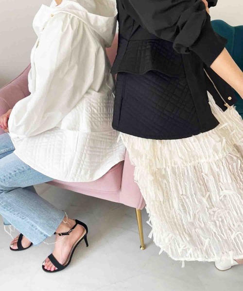 【セール】キルティング切替 フリルマウンティングジャケット（ナイロンジャケット）｜M y u（ミュー）