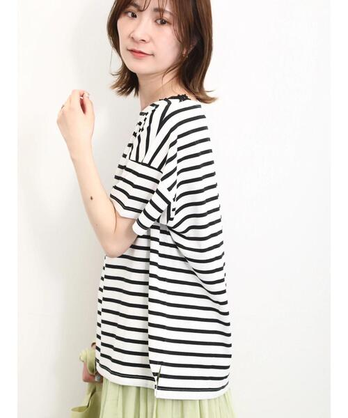 Samansa Mos2 blue(サマンサモスモスブルー)の「ボーダーTシャツ(Tシャツ/カットソー・レディース・グリーン/ブルー/サックスブルー/オフホワイト/ベージュ・F)」の10枚目の写真