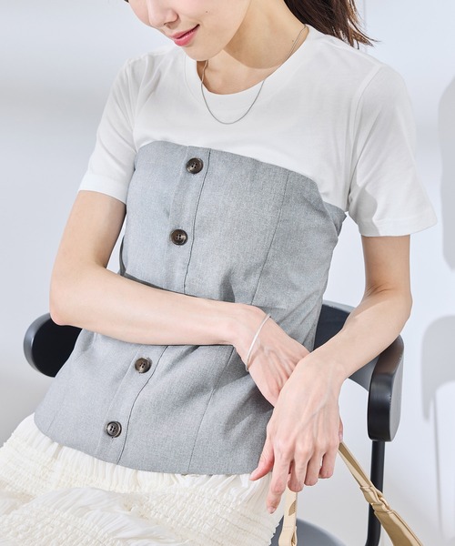 セール】異素材ドッキングレイヤードトップス（Tシャツ/カットソー