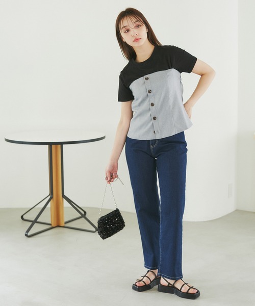 セール】異素材ドッキングレイヤードトップス（Tシャツ/カットソー