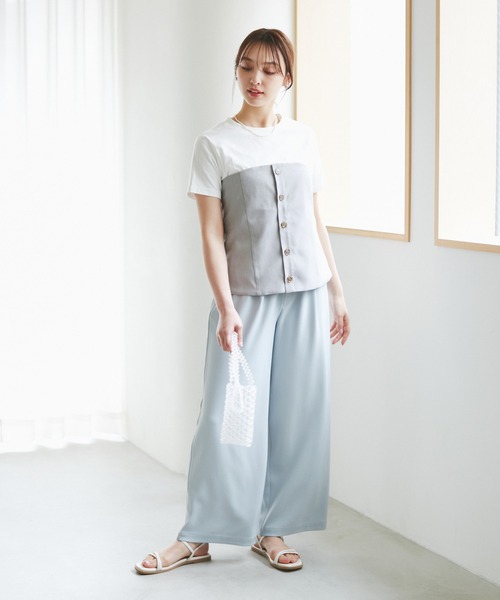 セール】異素材ドッキングレイヤードトップス（Tシャツ