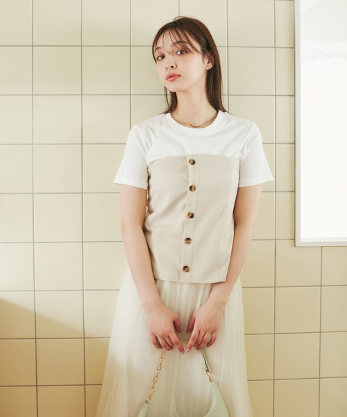 セール】異素材ドッキングレイヤードトップス（Tシャツ/カットソー
