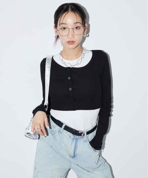 DRWCYS（ドロシーズ）の「カットリブボタンセットアップ（カーディガン/ボレロ・レディース・グレー/ブラック・FREE）」の3枚目の写真