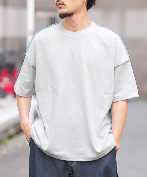 LUXSTYLE(ラグスタイル)の「無地ステッチ半袖Tシャツ(Tシャツ/カットソー・メンズ・ピンク/グリーン/ホワイト系その他/イエロー/ブルー・FREE)」の1枚目の写真