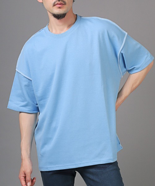 LUXSTYLE(ラグスタイル)の「無地ステッチ半袖Tシャツ(Tシャツ/カットソー・メンズ・ピンク/グリーン/ホワイト系その他/イエロー/ブルー・FREE)」の3枚目の写真