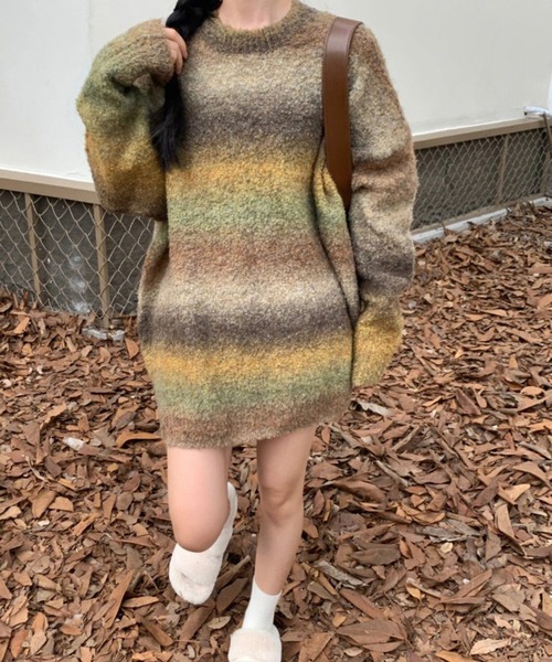 Chick(チック)の「▲VINTAGE GRADATION BORDER KNIT / ビンテージグラデーションニット(ニット/セーター・レディース・ブラック/マルチ/ブルー・FREE)」の3枚目の写真