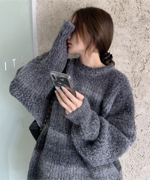 Chick(チック)の「▲VINTAGE GRADATION BORDER KNIT / ビンテージグラデーションニット(ニット/セーター・レディース・ブラック/マルチ/ブルー・FREE)」の2枚目の写真