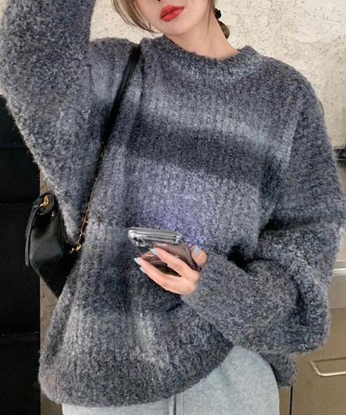 Chick(チック)の「▲VINTAGE GRADATION BORDER KNIT / ビンテージグラデーションニット(ニット/セーター・レディース・ブラック/マルチ/ブルー・FREE)」の8枚目の写真