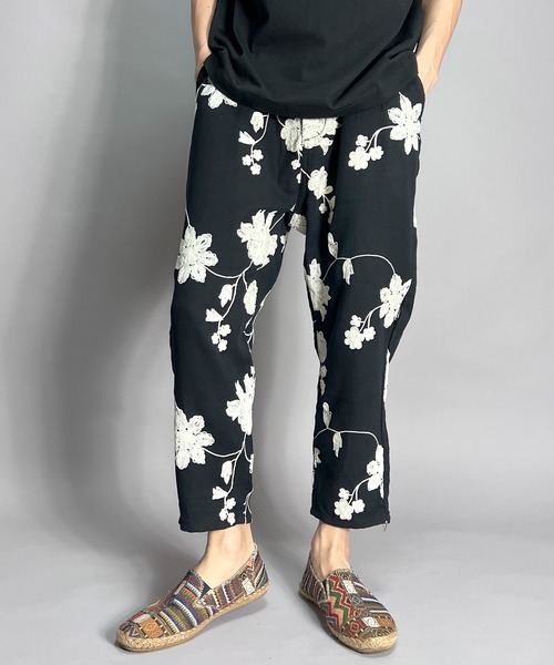 クロップドパンツ メンズ 花柄 刺繍 夏 涼感 スラックス（その他パンツ