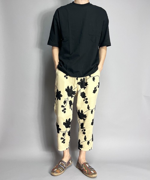 クロップドパンツ メンズ 花柄 刺繍 夏 涼感 スラックス（その他