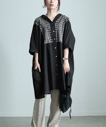 エスニック刺繍Vネックインド綿チュニック【大きいサイズ対応】