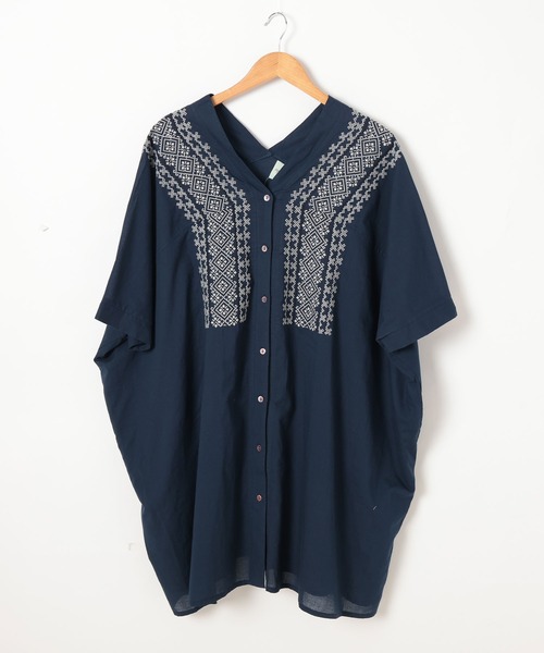 トランスワーク青ゴールド刺繍五分袖チュニック チチカカ キカ刺繍チュニックワンピース ／ 羽織り チュニック