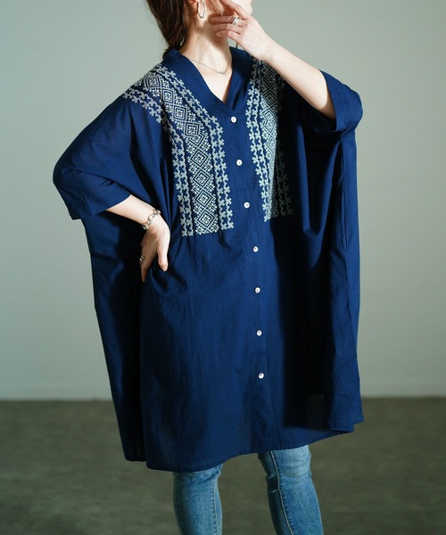 セール】エスニック刺繍Vネックインド綿チュニック【大きい