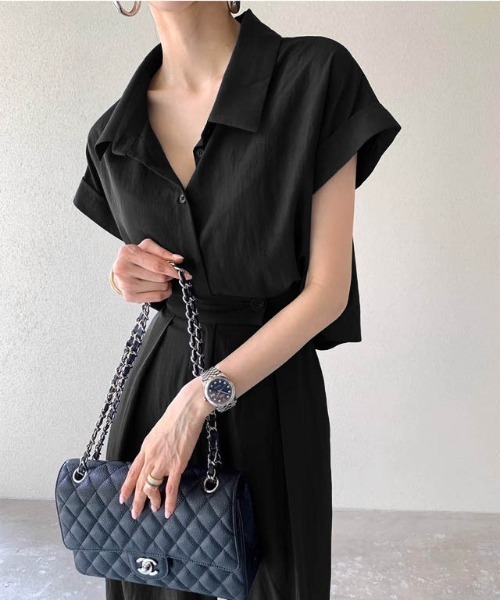 AMELY(エミリー)の「【セットアップ】シャツ&タックパンツのセットアップ/着回し自在/ストレスフリー(セットアップ・レディース・ブラック/ネイビー/ベージュ・L/M)」の19枚目の写真