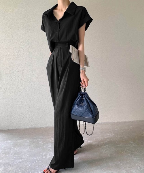 AMELY(エミリー)の「【セットアップ】シャツ&タックパンツのセットアップ/着回し自在/ストレスフリー(セットアップ・レディース・ブラック/ネイビー/ベージュ・L/M)」の7枚目の写真